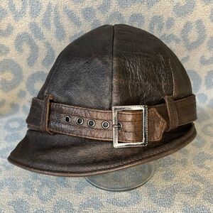 Brown Leather Cloche Hat with Buckle